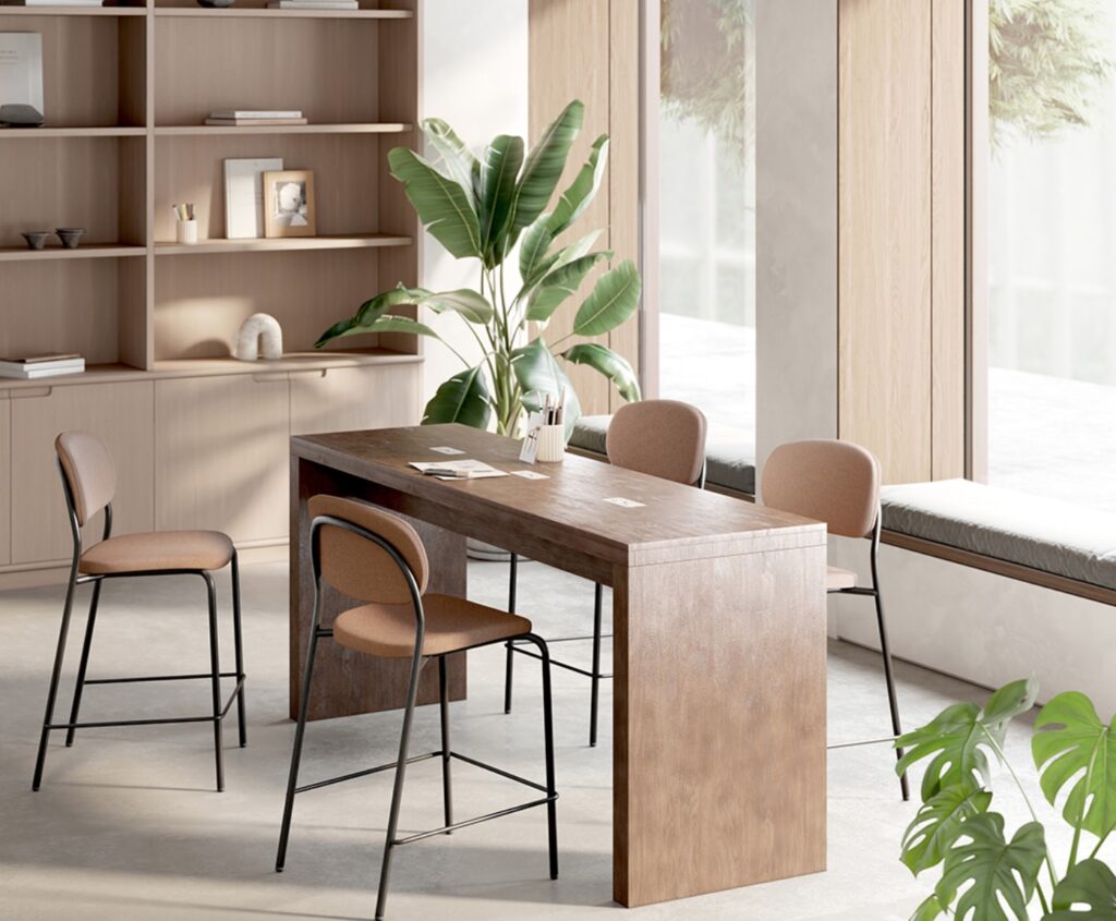 Loci slim and high version with bar chairs in upholstered foam