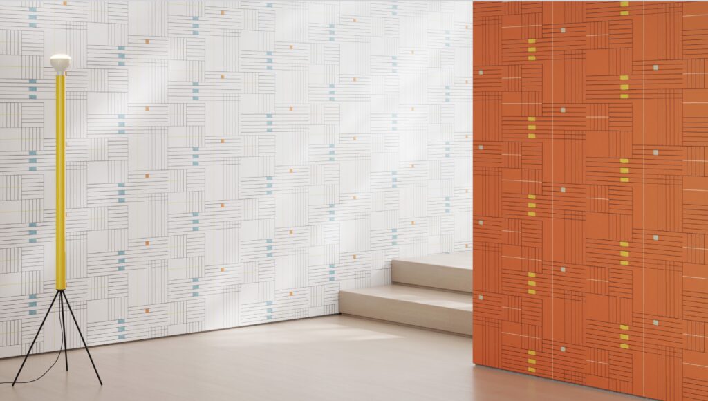Elemental Wright collection Parquet wallcovering lines within squares intersecting on solid color background