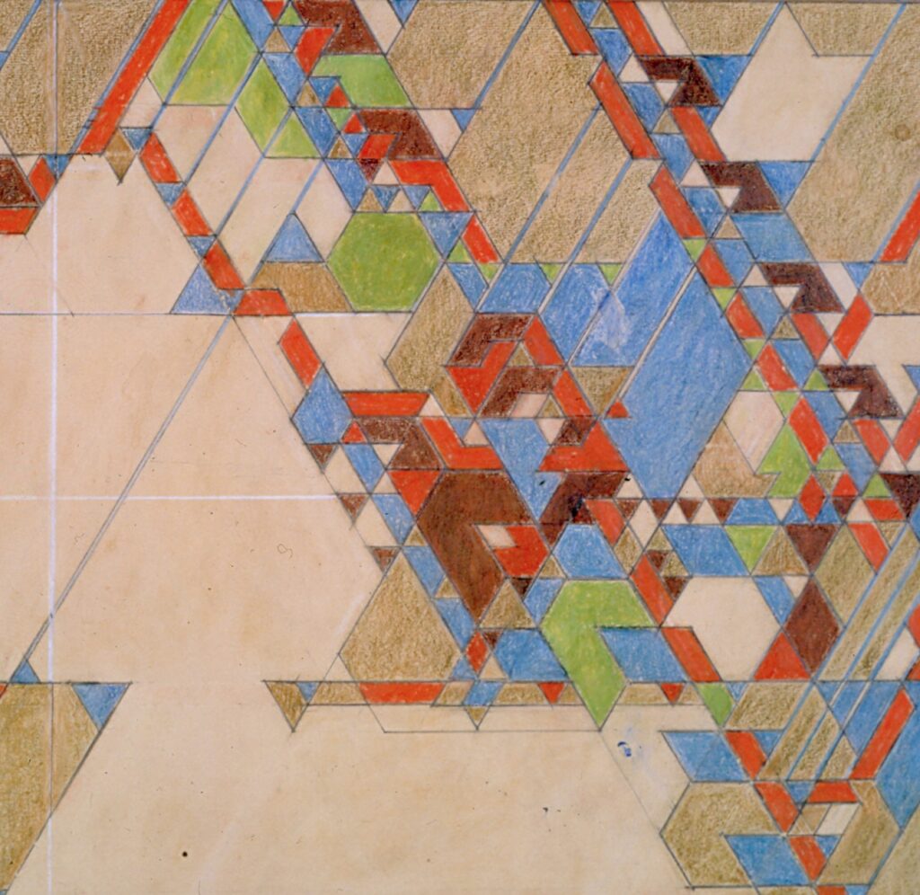 Vertex original line drawing triangles and linear shapes in grid pattern in blues, reds, purples, greens