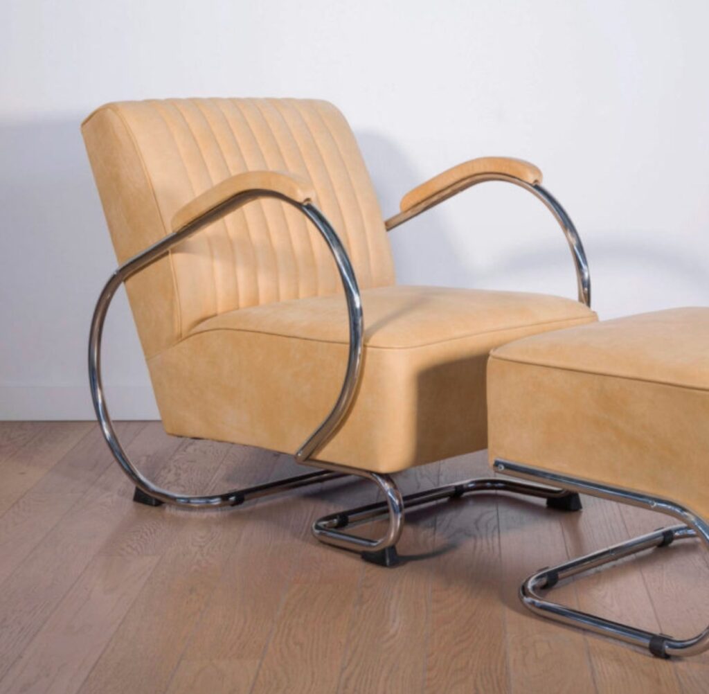 Chair in yellow leather with ottoman