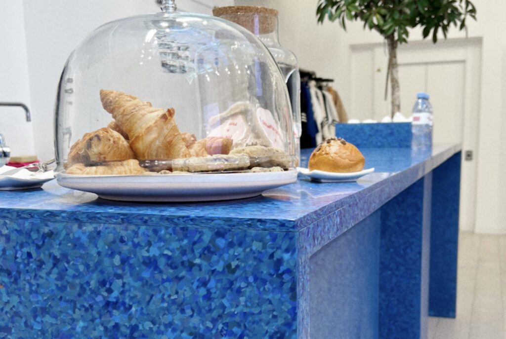 Countertop in azure blue with pastries