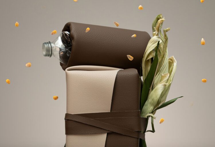 Corn kernels airborne around brown Volar Bio fabric