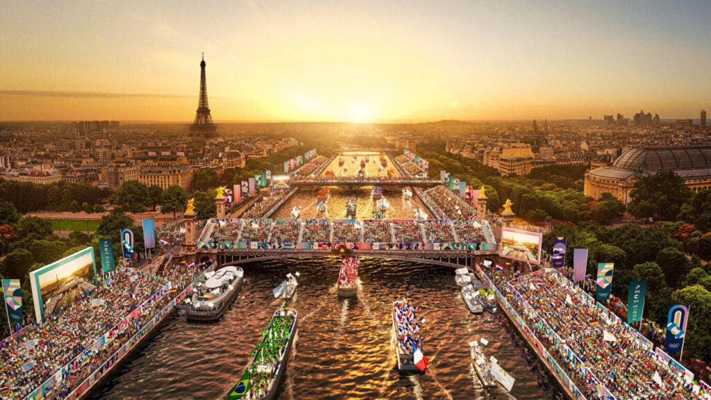 Paris at sunrise featuring Olympic branding
