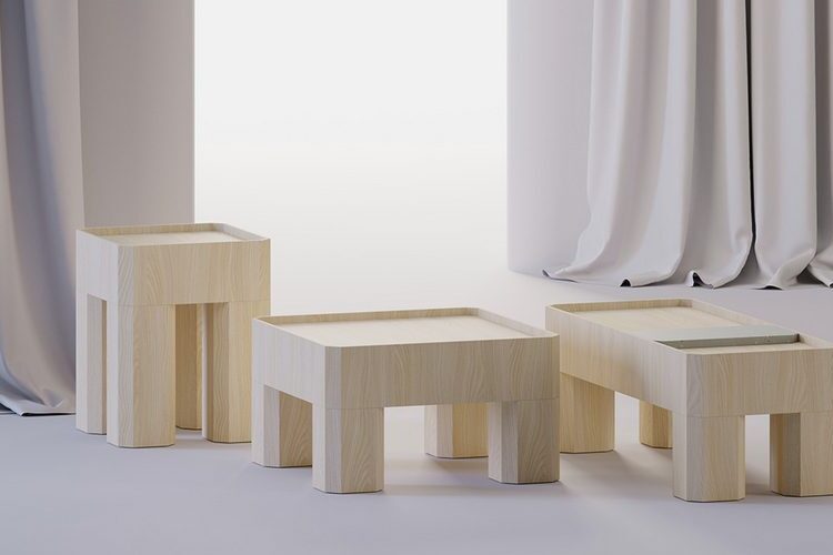 Light wood Block Tables in front of curtains