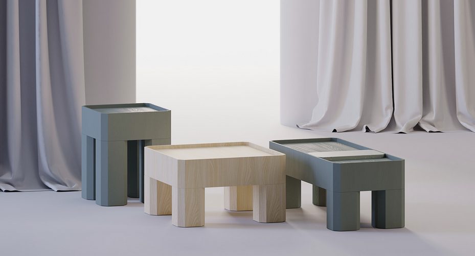 Three Block Tables in front of curtains