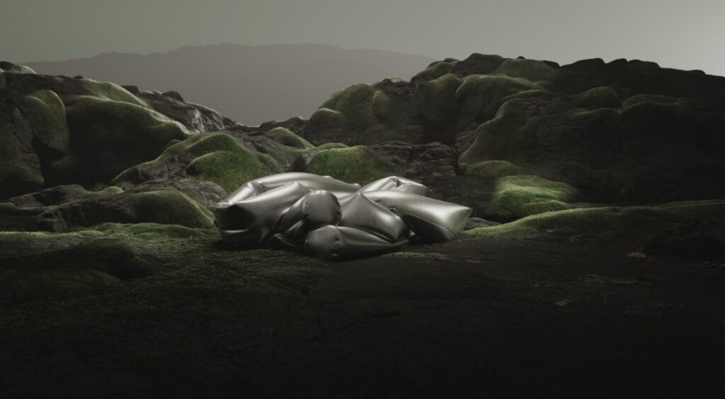 Complicated Sofa with background of mossy, martian rock