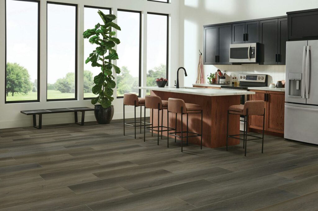 Ingenious Plank resilient flooring in gray in kitchen