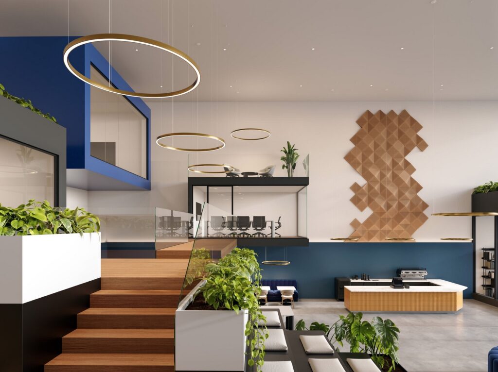 Suspended luminaire with golden ring in open office