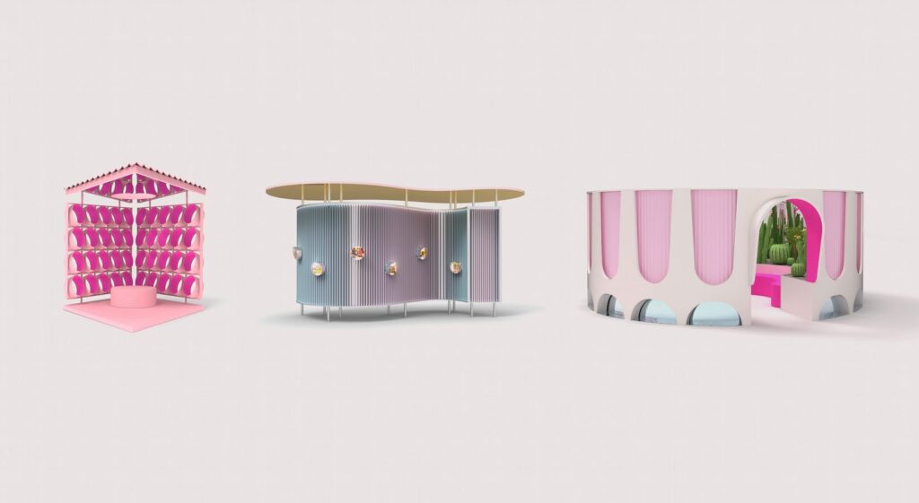 Three pavilions in miniature inspired by Barbie