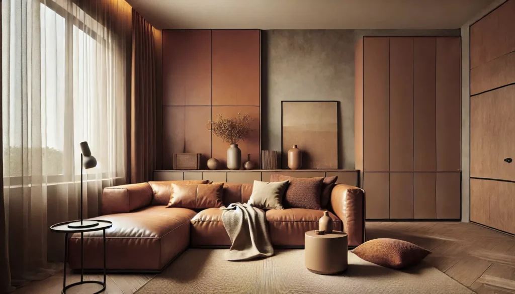 living room honoring Mocha Mousse color