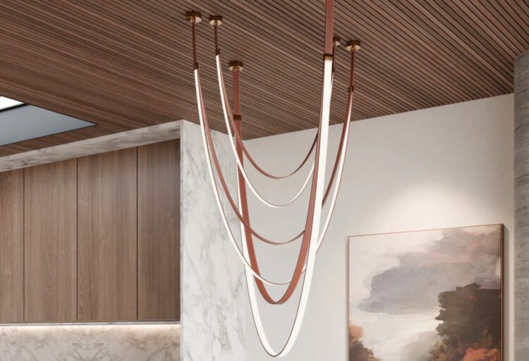 Shalom chandelier in kitchen with wooden ceiling