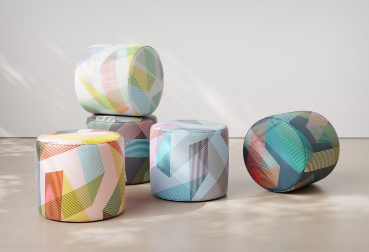 ottomans upholstered in Ribbon textile