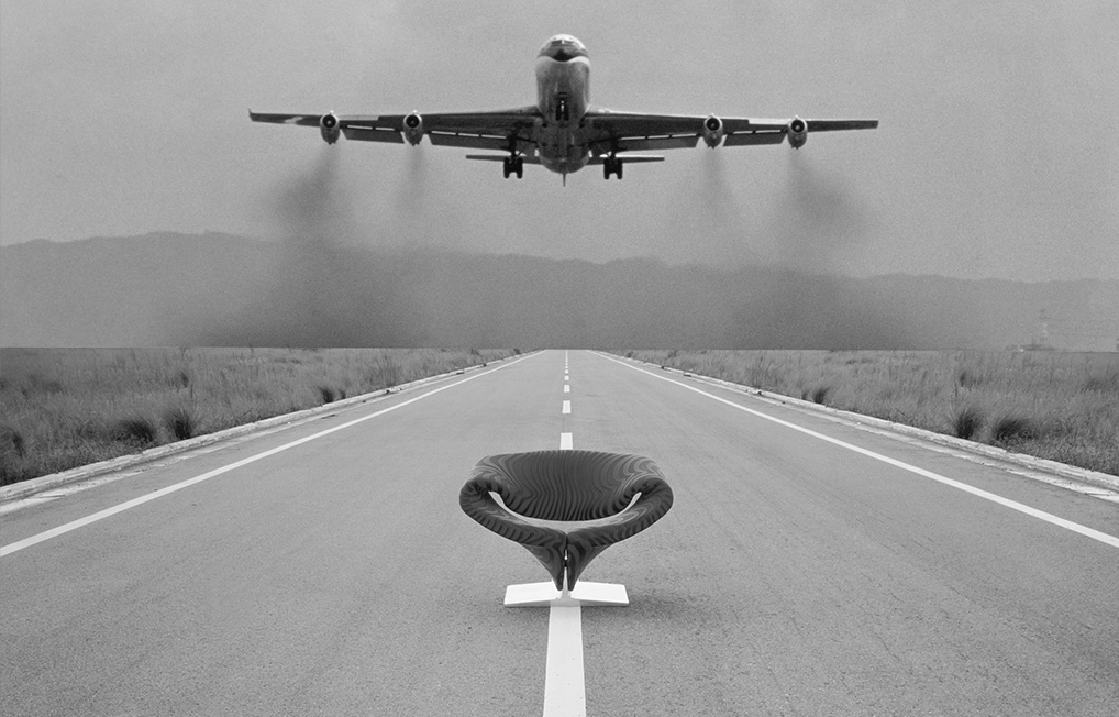 Vintage marketing materials for Ribbon Chair featuring an airplane taking off and Ribbon Chair on the runway
