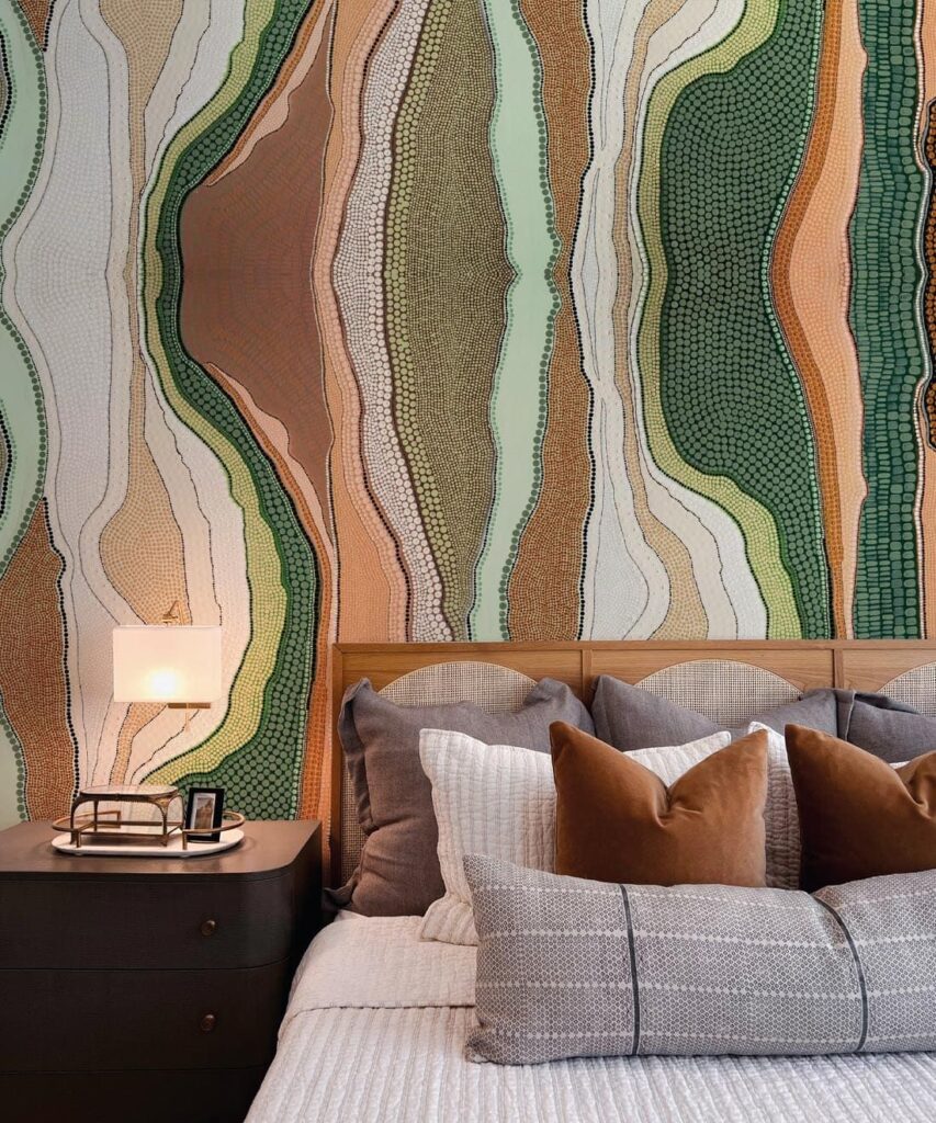 Werrgalji wallpaper with greens and browns in bedroom