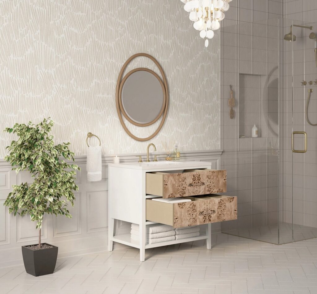 White vanity with natural wood drawers in open position