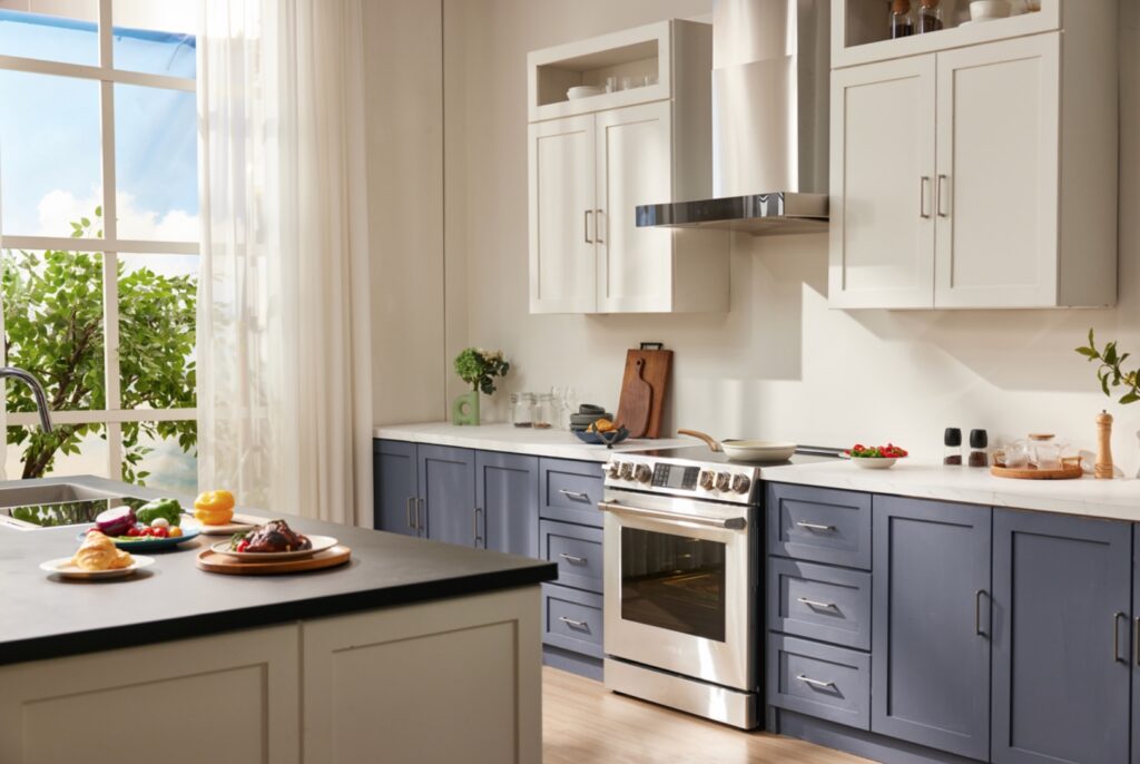 Fotile FreshBake oven in stainless in kitchen with pewter countertops