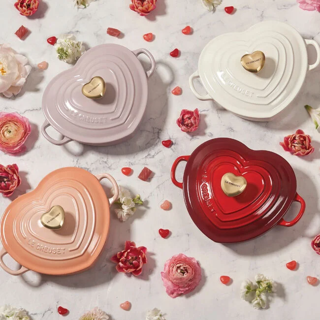 Le Creuset Shallow Heart Cocottes in various colors