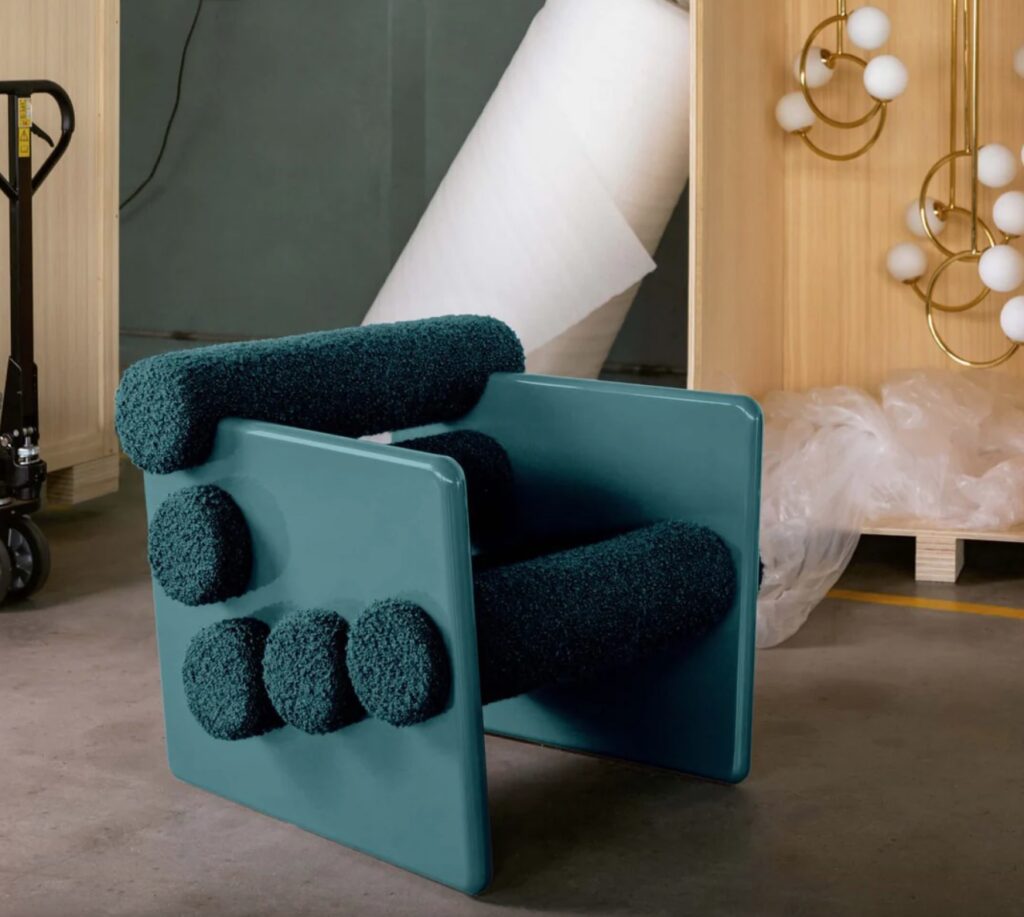 Charles chair in green in workshop