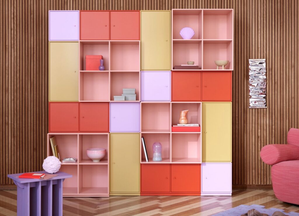 Montana storage many modules in orange, lilac, and mustard