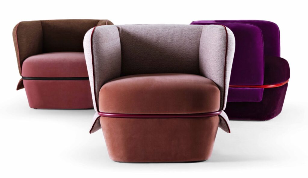Chemise: three chairs in salmon/gray, salmon/olive, and purple