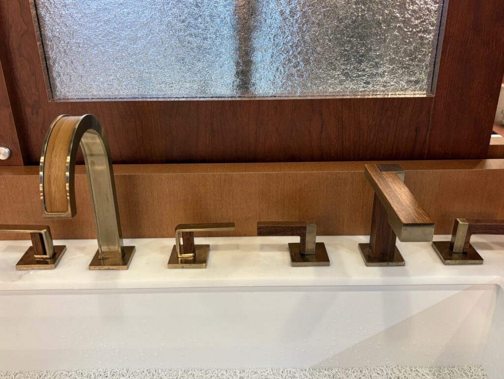 Tap levers and faucets with wood and metal