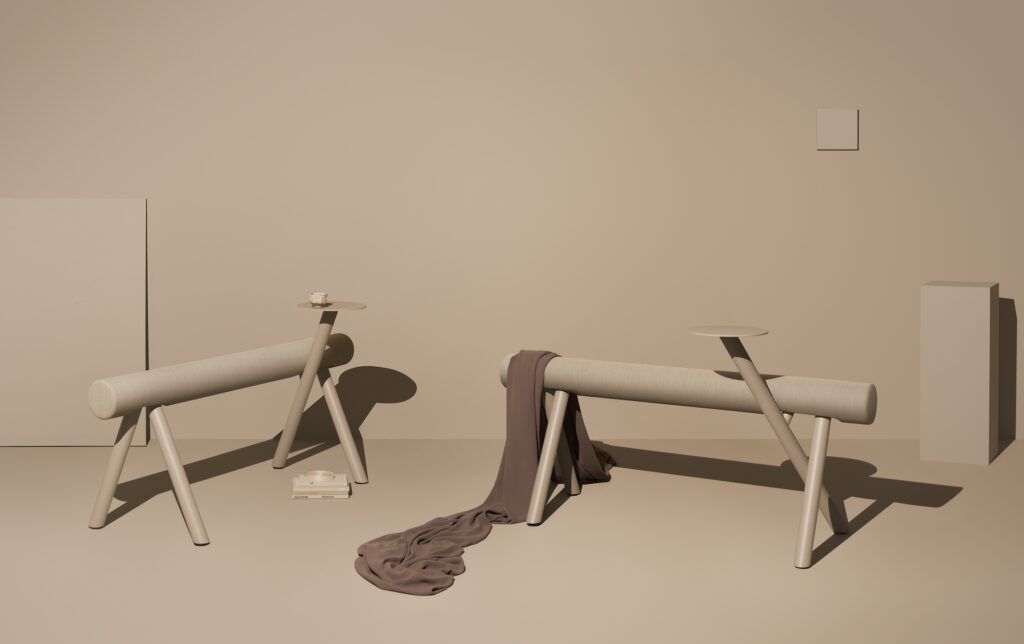 In beige with brown blanket