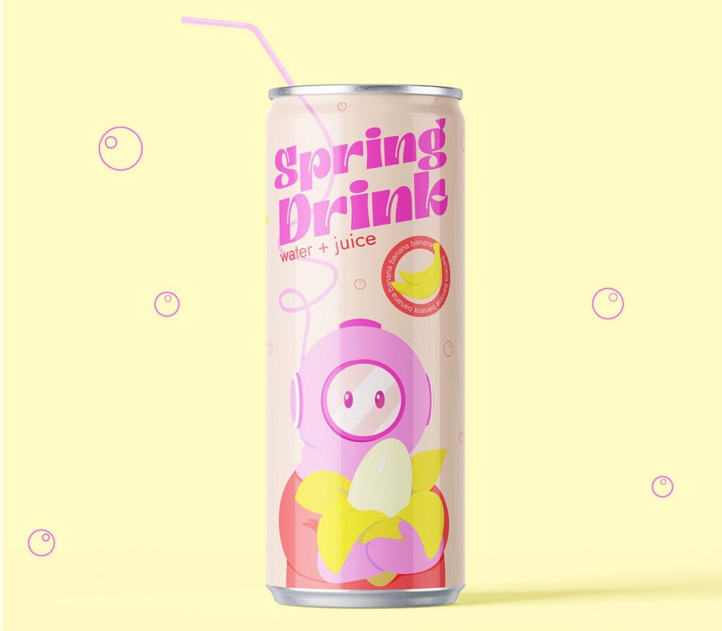 Spring Drink banana with straw and bubbles