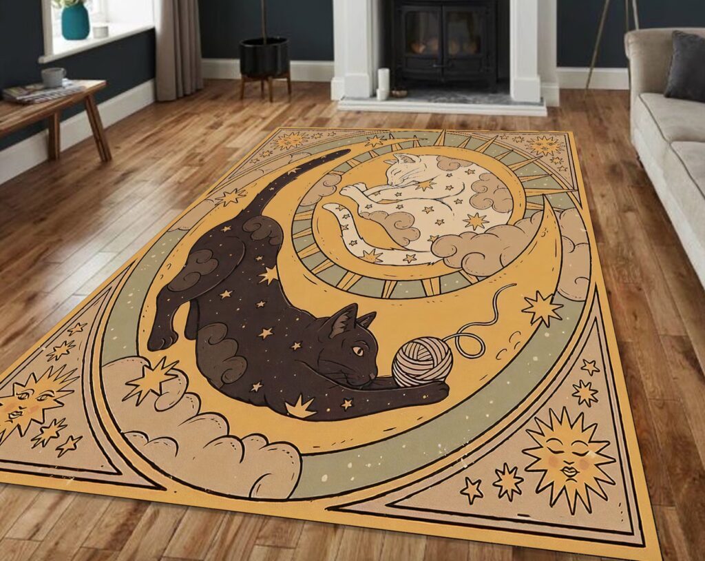 Eclectic Cat playing with yarn. Gold and olive tones. 