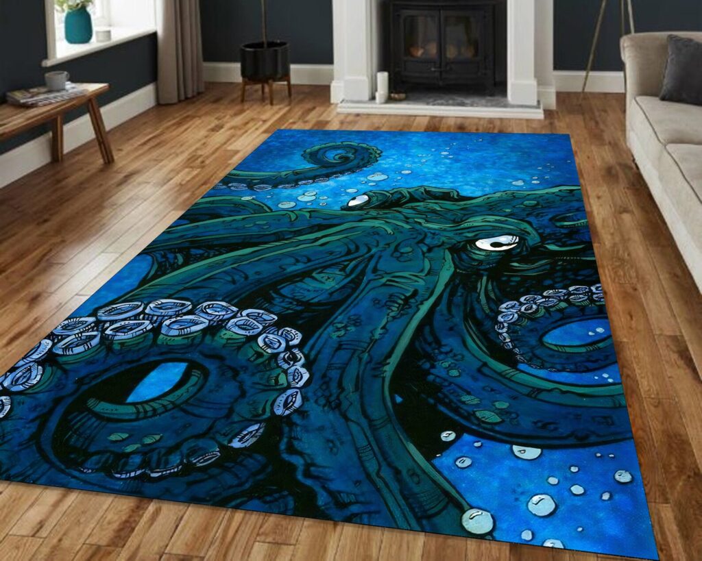 Genius octopus Rug greenish blue on blue ocean background