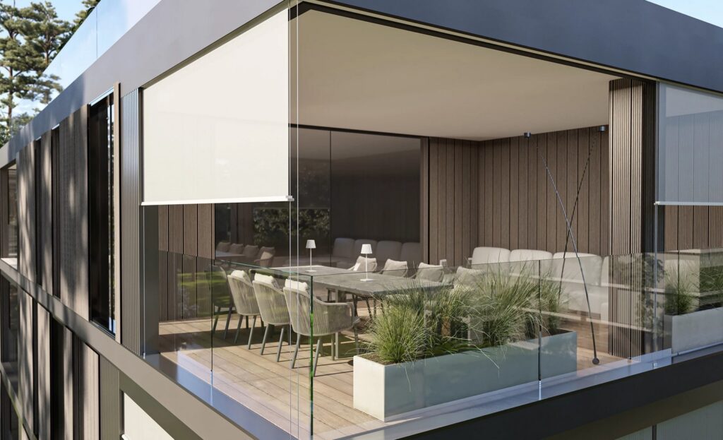 Other view of glass room with roller blind system