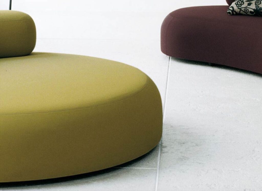 Bubble Rock sofa partial view in mustard and maroon