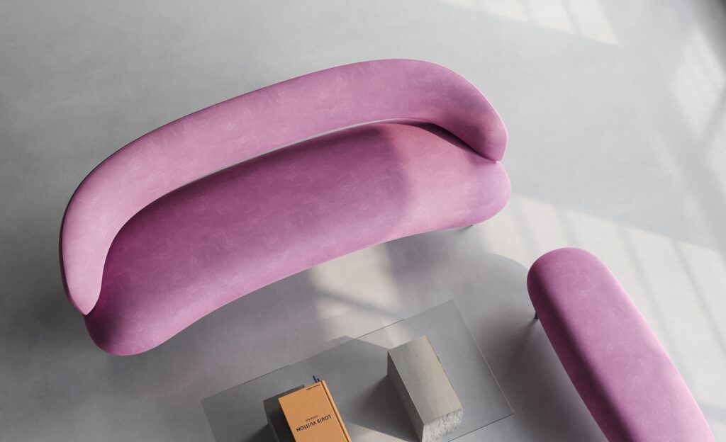 In pink, view from above with partial view of ottoman