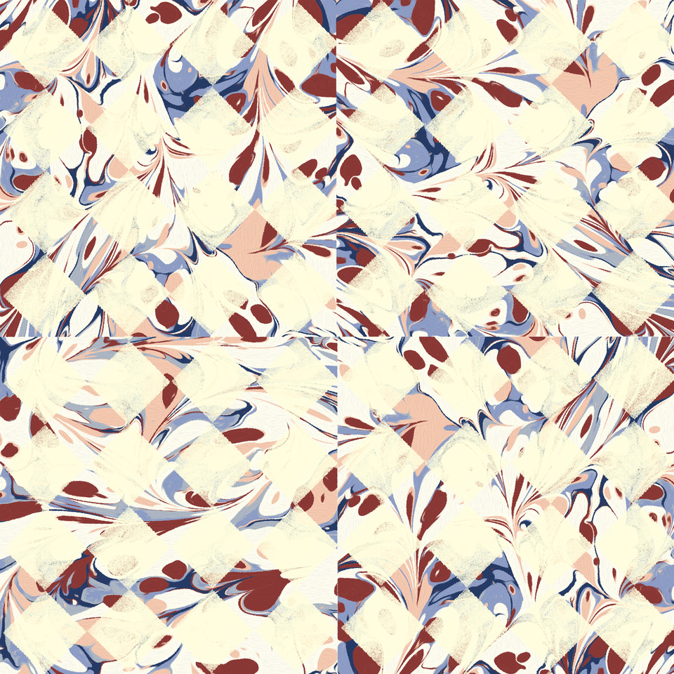 Detail of the Madame pattern in white.blue, red