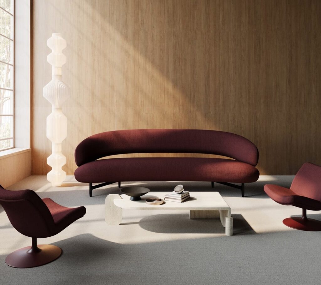 In maroon with matching chairs