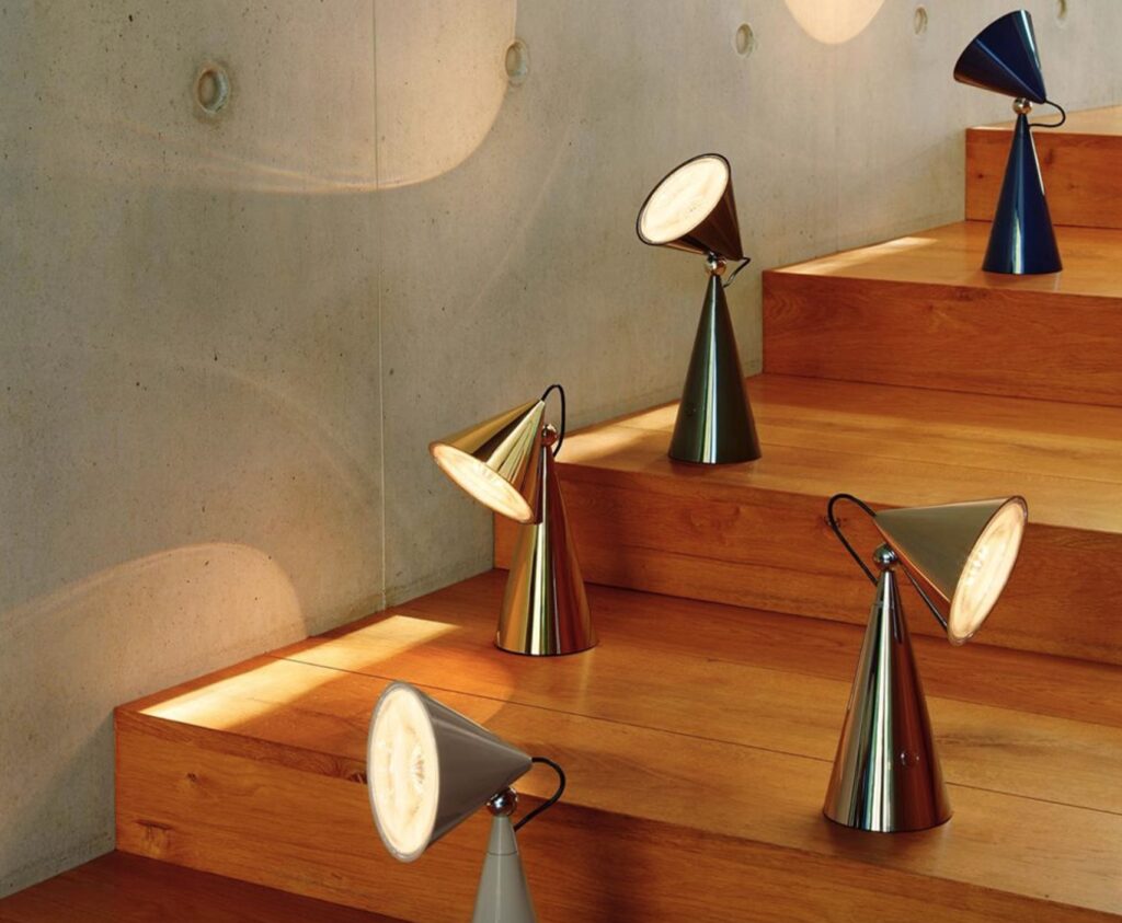 POSE lighting in different colors on wooden staircase