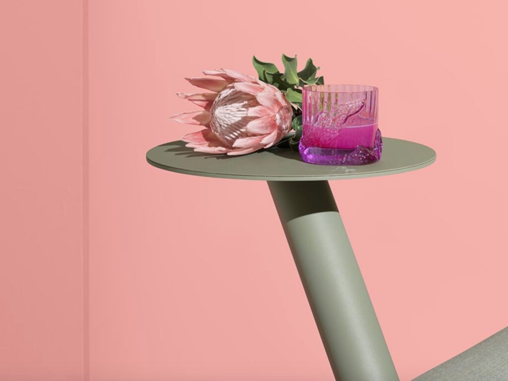 Detail of Lumber table with flower and drink