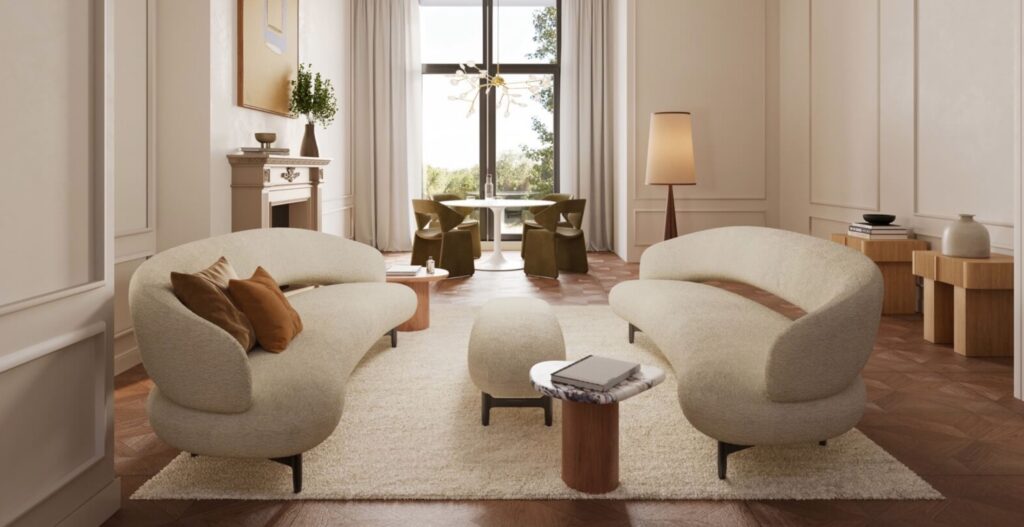 Pair of Muse sofas across form each other on white shag rug