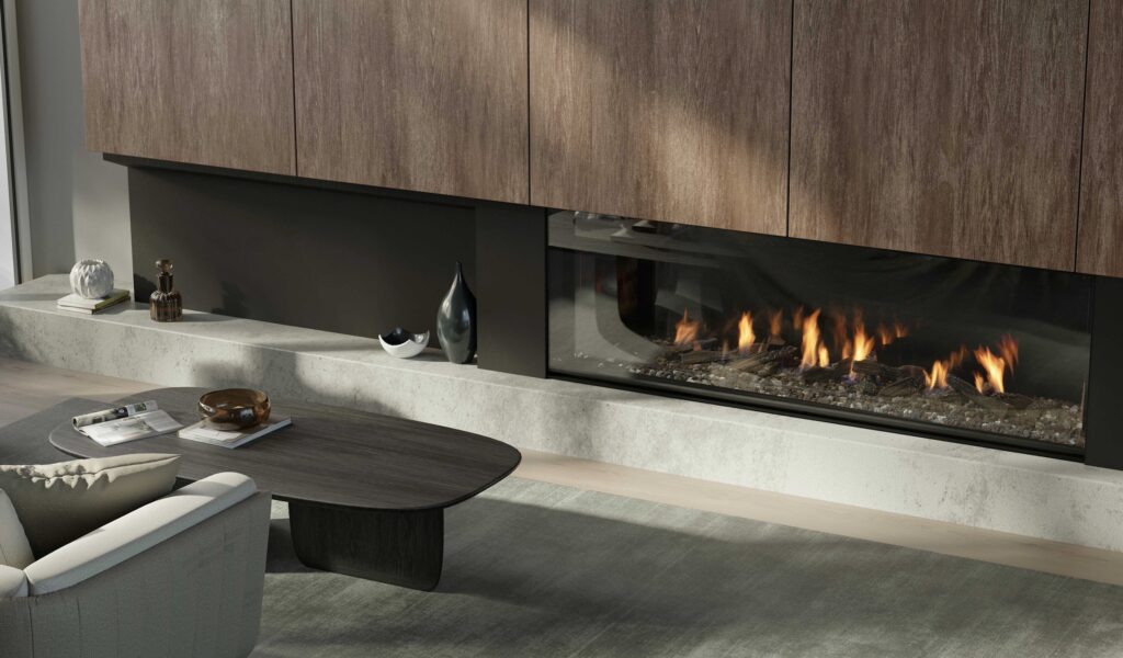 Escea small linear fireplace below media cabinet