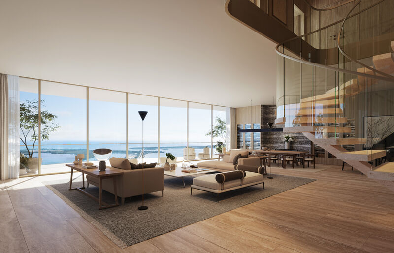 Interior view of unit with winding staircase and view of sea