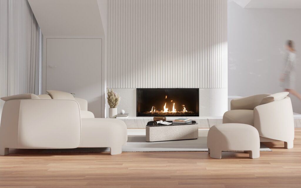 In large living room with white walls and beige furniture