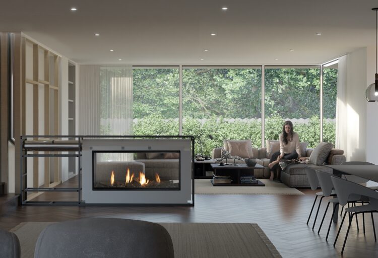 Escea fireplace in living room with woman