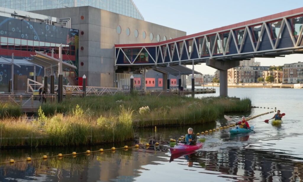 Salt marsh with aquarium in background and kayakers in water