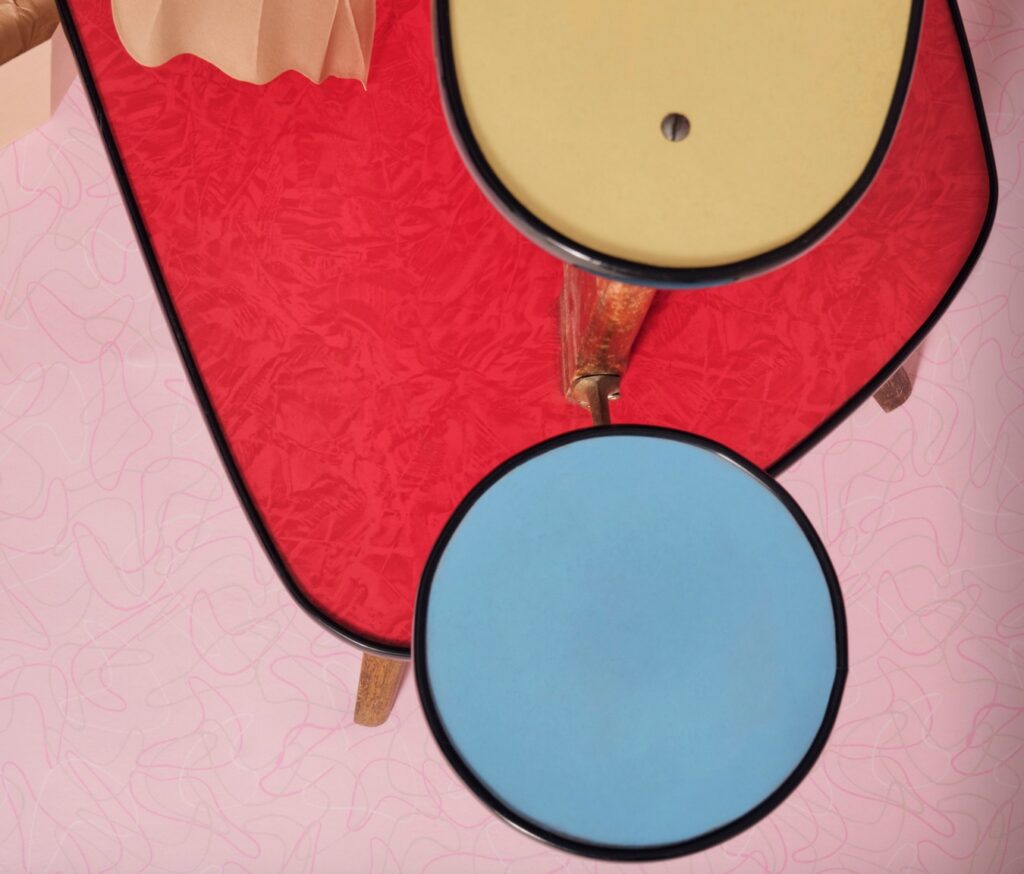 Overhead view of vibrant red plant stand