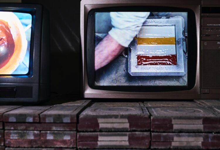 Stacked tiles with TVs on top