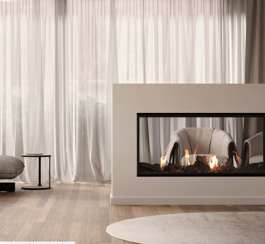 Double-sided see through with curtains in background