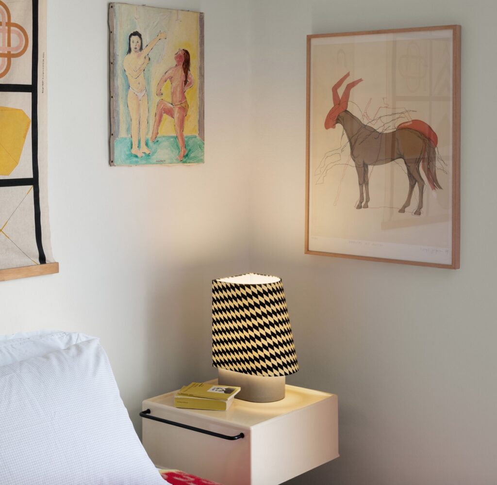 Huf on nightstand, decorative shade