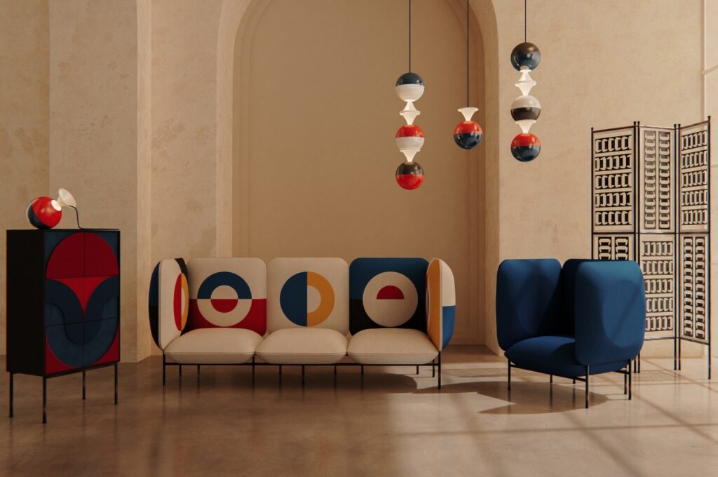 Dedas three-seater primary colors in white with single chair in blue
