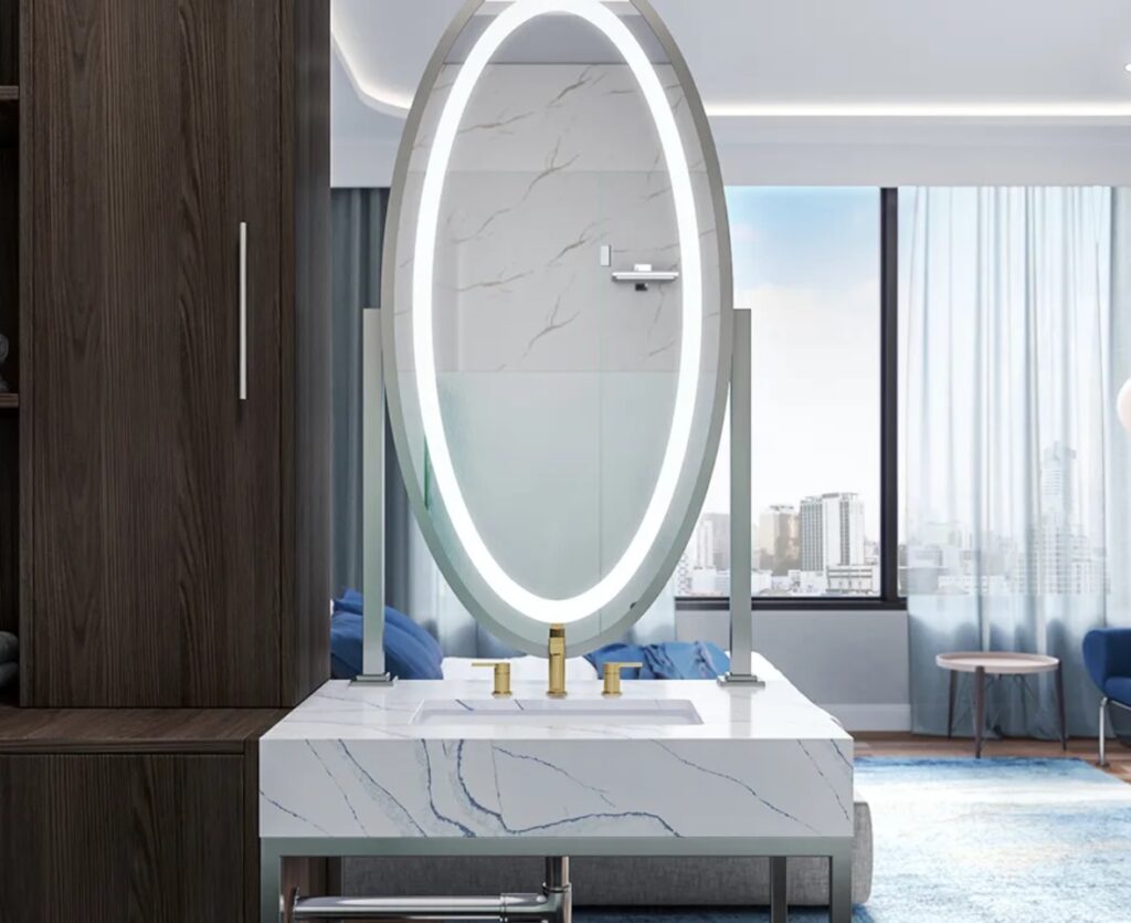 Side view of Electric Mirror vanity and oval mirror