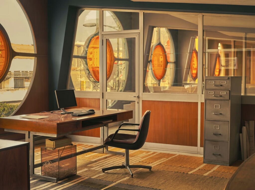 Intersection rug in vintage office with circular amber windows