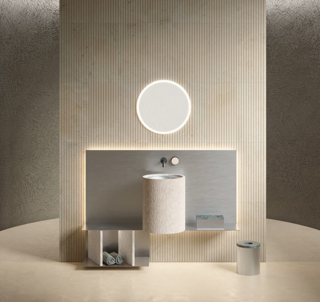 Basin in creme with round white mirror above